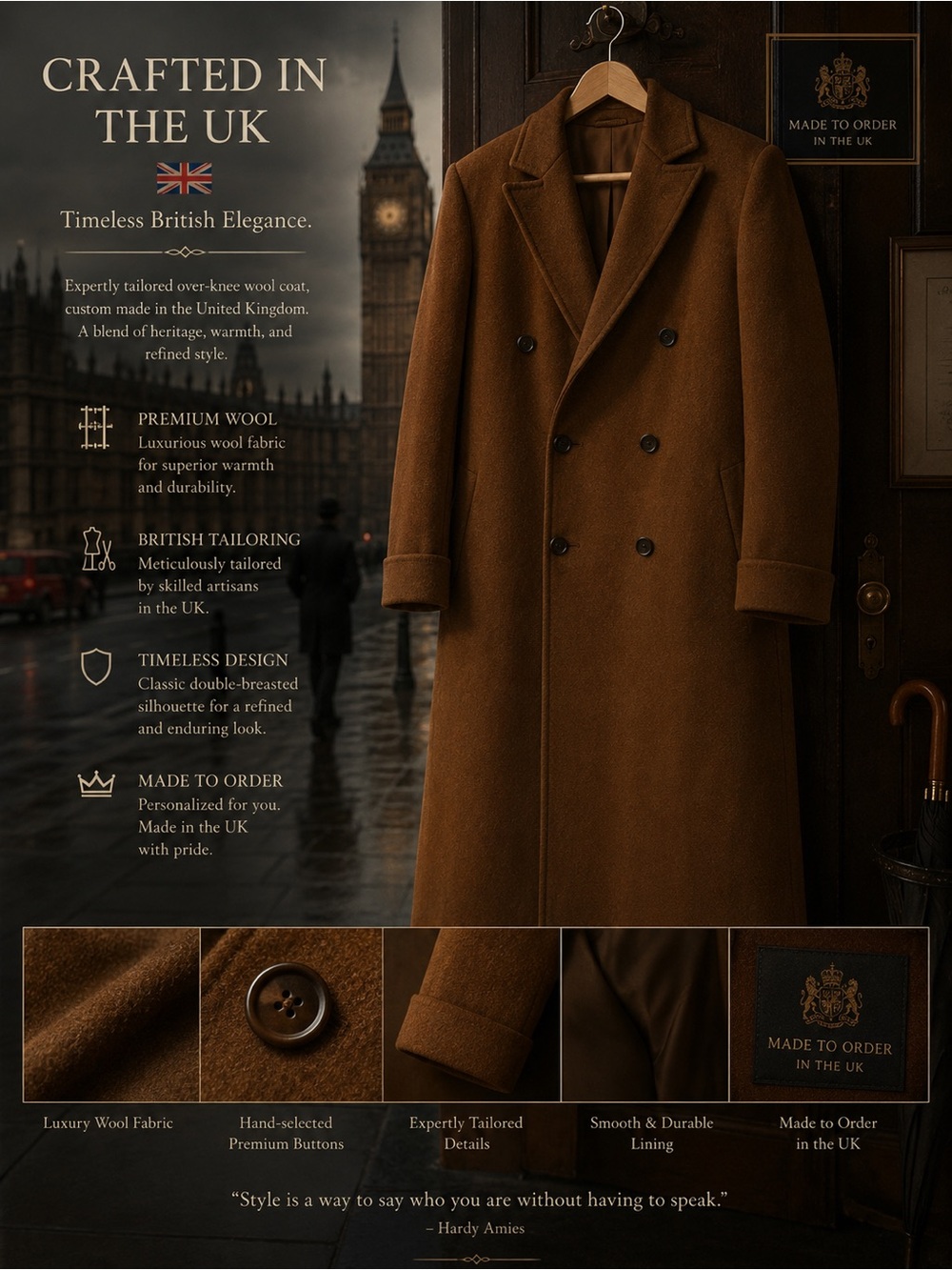 Men's Double-Breasted Wool Overcoat - Brown